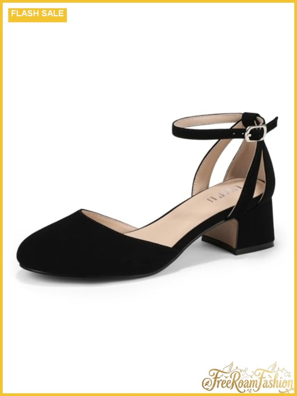 Round Toe Low Block Heel Pumps with Ankle Strap for Dressy Occasions
